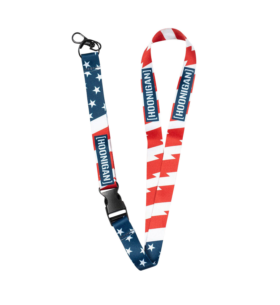 Hoonigan STARS & STRIPES lanyard featuring a bold American flag design in red, white, and blue, with a metal clip for keys or ID cards.