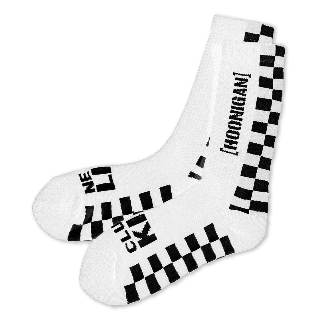 Hoonigan FINISHLINE II Crew Socks in black and white with bold logo and striped design.