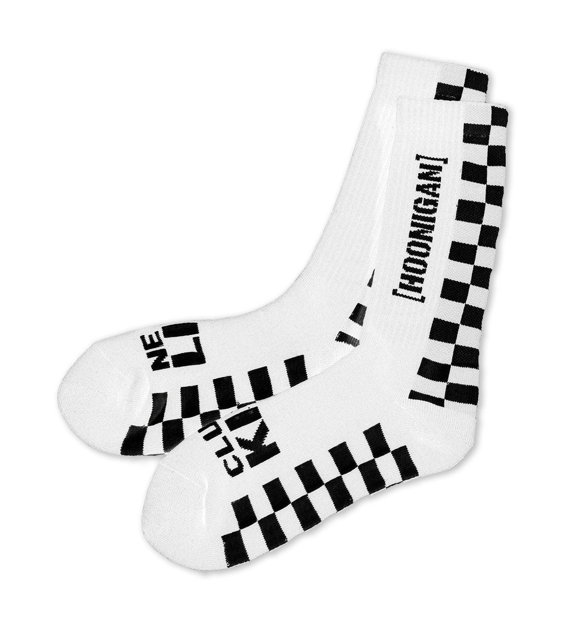 Hoonigan FINISHLINE II Crew Socks in black and white with bold logo and striped design.