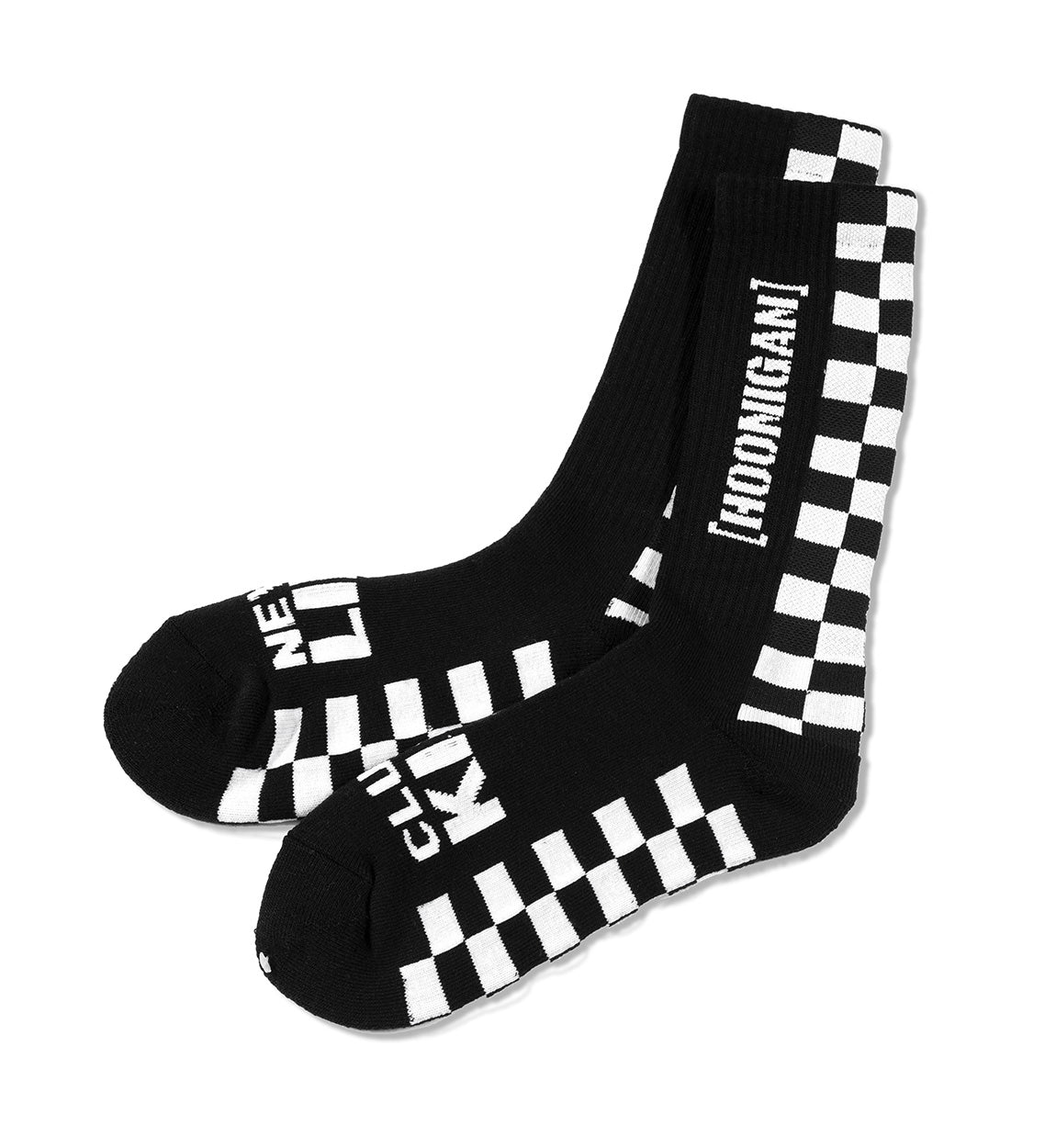 Hoonigan FINISHLINE II Crew Socks featuring a black and white design with a logo and stripes.
