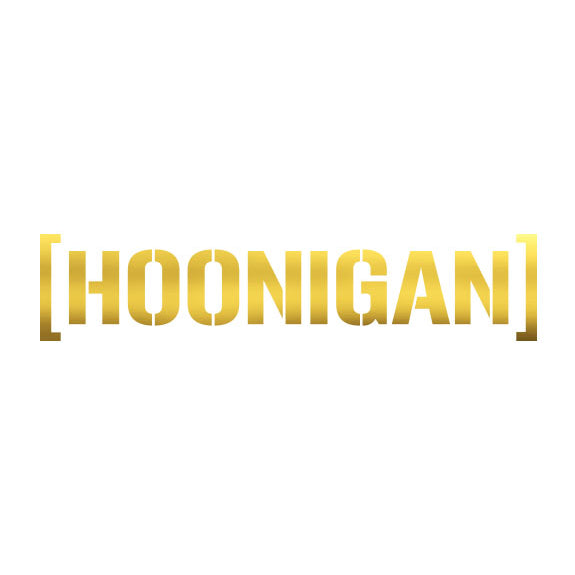 Gold die cut Hoonigan logo sticker, 8 inches, perfect for automotive enthusiasts and car culture fans.