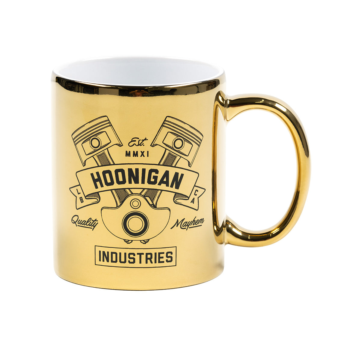 Gold Hoonigan CRANKED mug featuring a piston graphic and the brand logo, perfect for automotive enthusiasts.