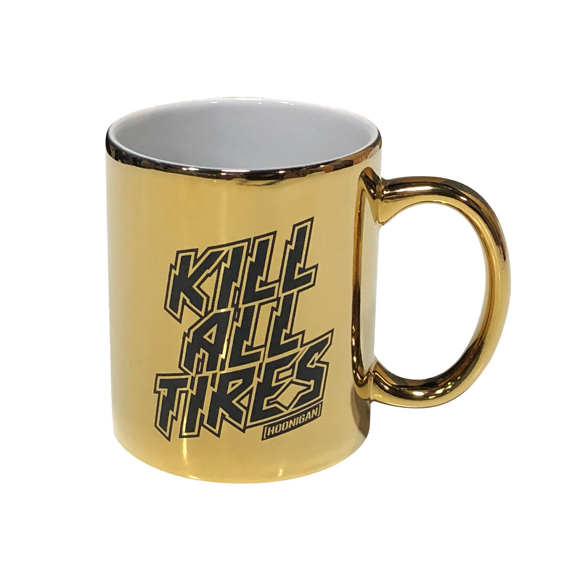 Gold Hoonigan mug featuring bold "Kill All Tires" graphic, perfect for motorsport enthusiasts and coffee lovers.