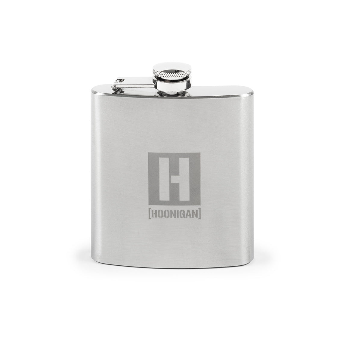 Hoonigan H BOX 6oz silver flask with a sleek design and Hoonigan logo.