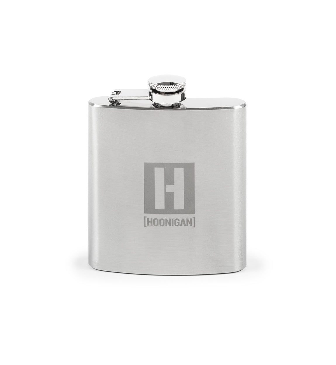 Hoonigan H BOX 6oz silver flask with a sleek design and Hoonigan logo.