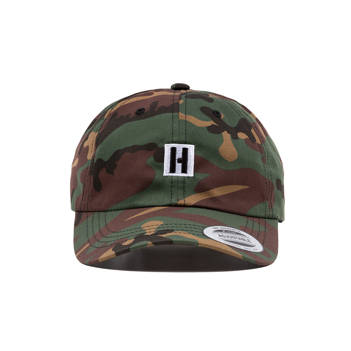 Hoonigan H ICON Unstructured Strapback Hat in camo pattern, featuring an embroidered logo on the front.