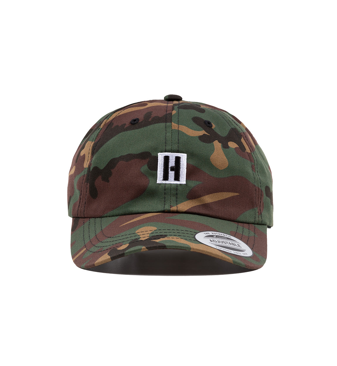 Hoonigan H ICON Unstructured Strapback Hat in camo pattern, featuring an embroidered logo on the front.