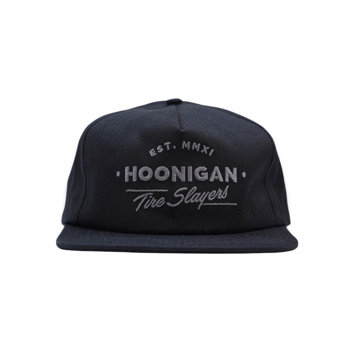 Hoonigan CHEATER SLICKS Unstructured Snapback Hat in black and gray with a curved brim and embroidered logo.