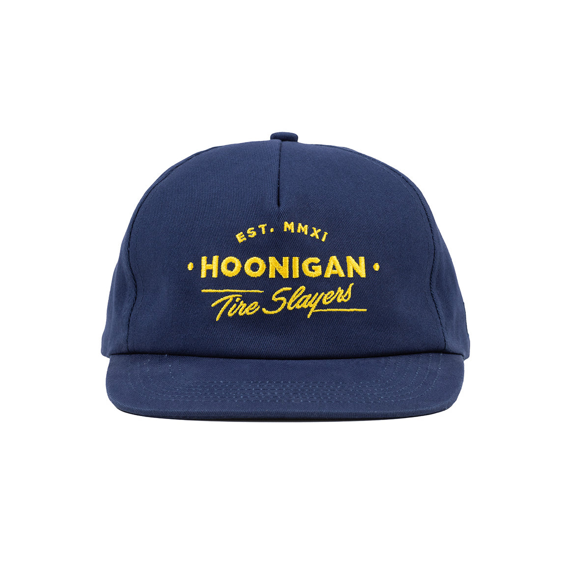 Hoonigan CHEATER SLICKS unstructured snapback hat in navy and yellow, featuring a flat brim and embroidered logo on the front.
