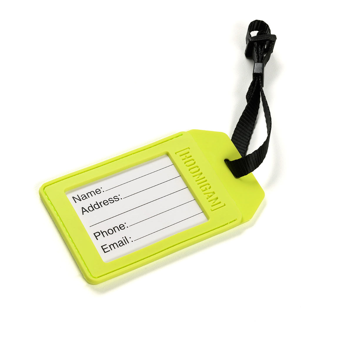 Hoonigan HI VIZ Luggage Tag in bright yellow with black logo design.