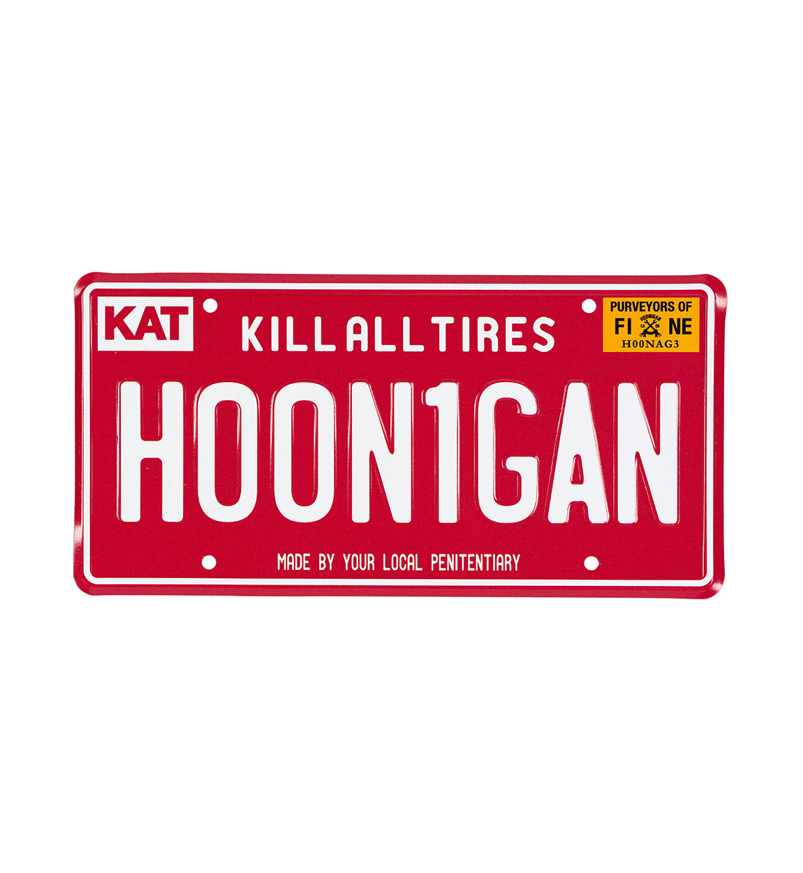 Hoonigan OG ARIZONA red and white license plate featuring bold text and graphic design.