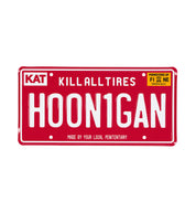 Hoonigan OG ARIZONA red and white license plate featuring bold text and graphic design.