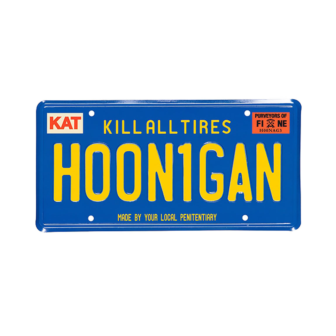 Hoonigan CALI OG blue metal license plate featuring retro branding and bold design elements.