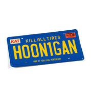 Hoonigan CALI OG metal license plate in blue with white graphic design, featuring the Hoonigan logo and "CALI OG" text.