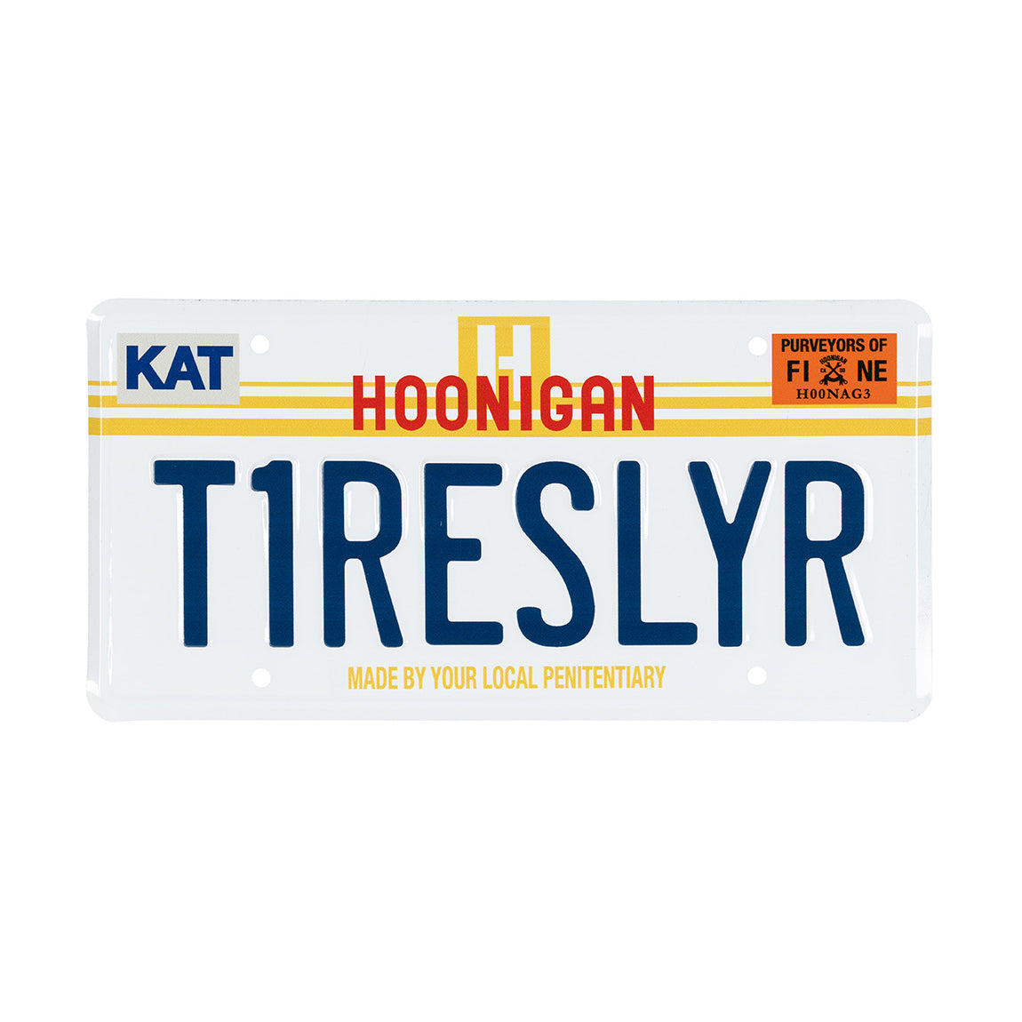 Hoonigan T1RESLYR white metal license plate with bold black lettering and graphic design.