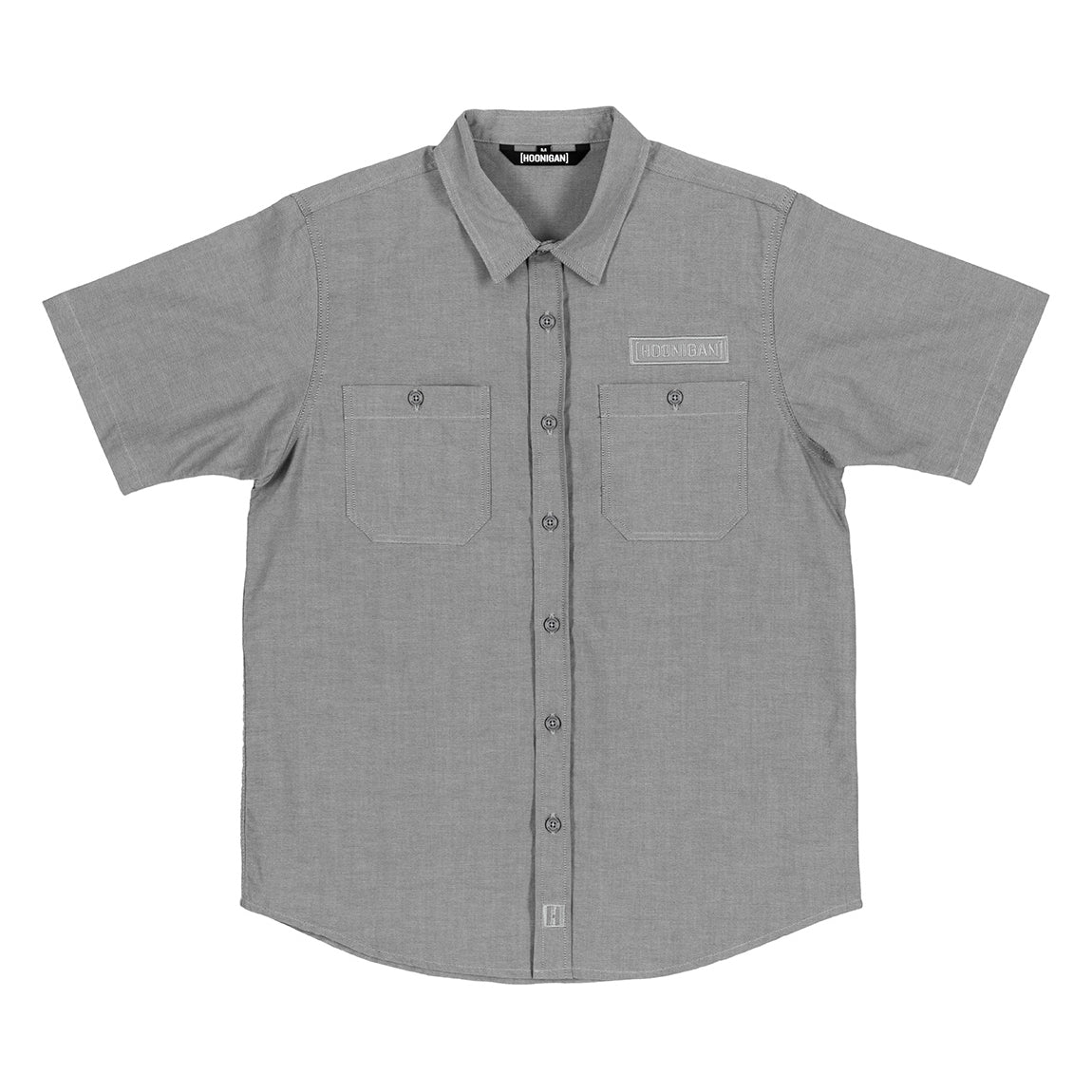 Hoonigan DONUT GARAGE woven short sleeve button-up shirt in grey featuring a playful donut graphic design.