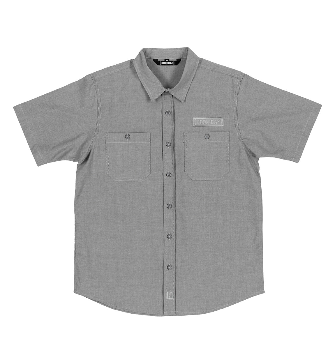 Hoonigan DONUT GARAGE woven short sleeve button-up shirt in grey featuring a playful donut graphic design.