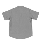 Hoonigan DONUT GARAGE gray woven short sleeve button-up shirt displayed on a wooden surface.