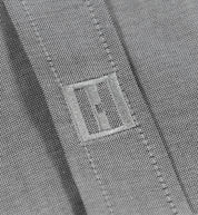 Hoonigan DONUT GARAGE gray woven short sleeve button-up shirt displayed on a hanger.