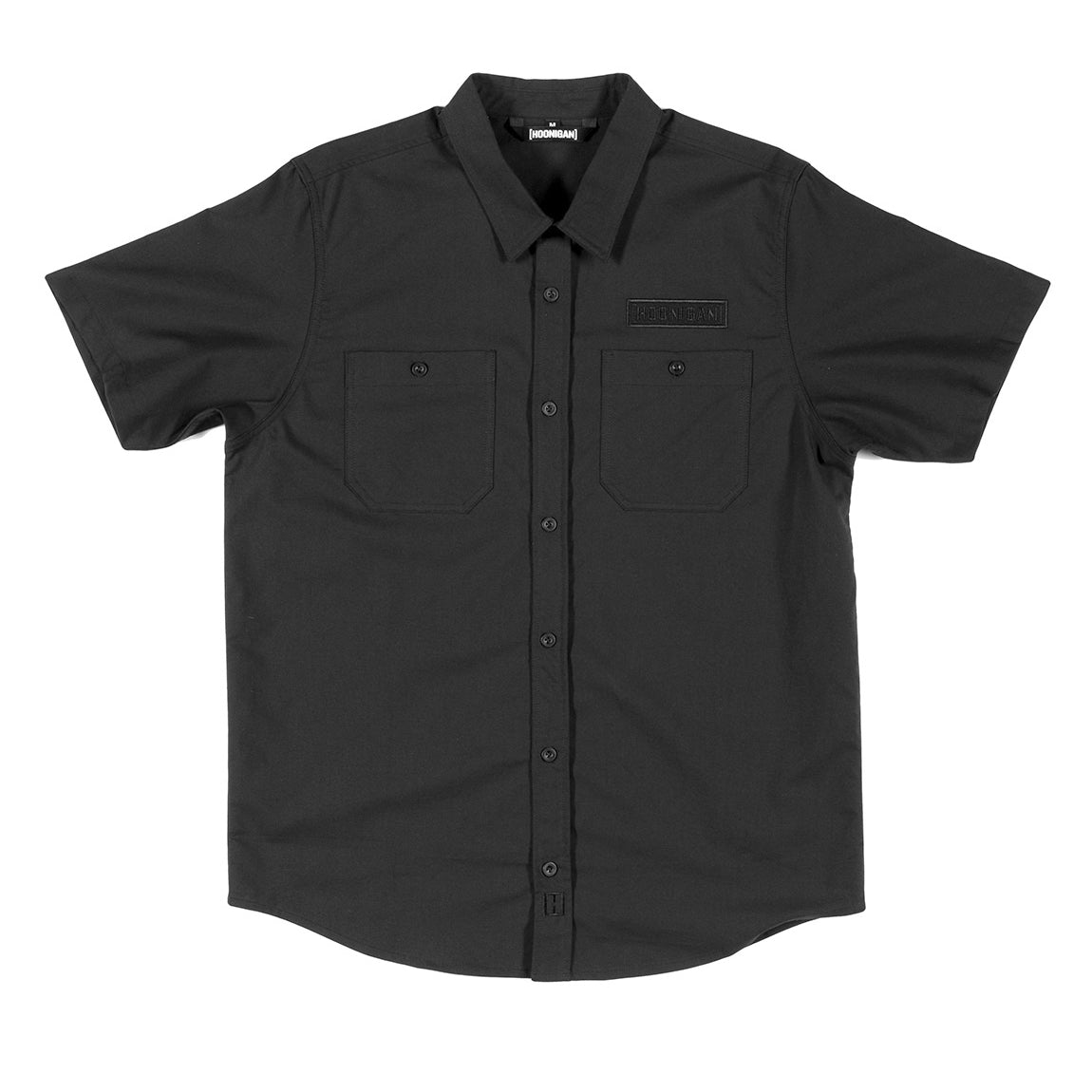 Hoonigan DONUT GARAGE woven short sleeve button-up shirt in black, featuring a vibrant donut graphic and Hoonigan logo.