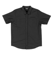 Hoonigan DONUT GARAGE woven short sleeve button-up shirt in black, featuring a vibrant donut graphic and Hoonigan logo.