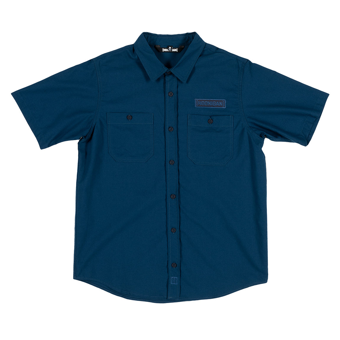 Hoonigan DONUT GARAGE navy woven short sleeve button-up shirt featuring a stylish design and logo detail.