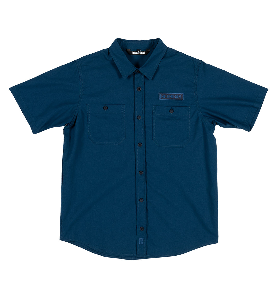 Hoonigan DONUT GARAGE navy woven short sleeve button-up shirt featuring a stylish design and logo detail.