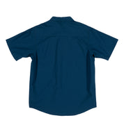 Hoonigan DONUT GARAGE woven short sleeve button-up shirt in navy blue with a patterned design.