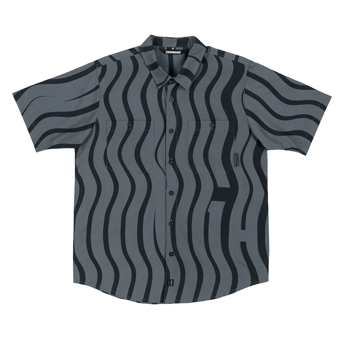 Hoonigan ESSES woven short sleeve button-up shirt in black and gray with a stylish grid pattern.