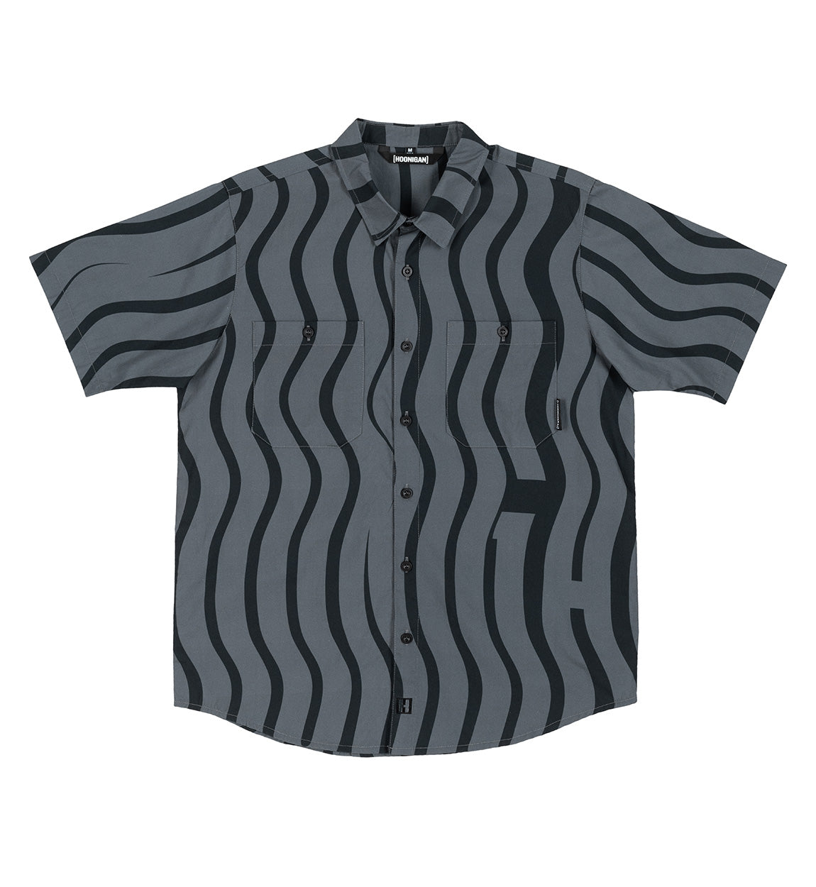Hoonigan ESSES woven short sleeve button-up shirt in black and gray with a stylish grid pattern.