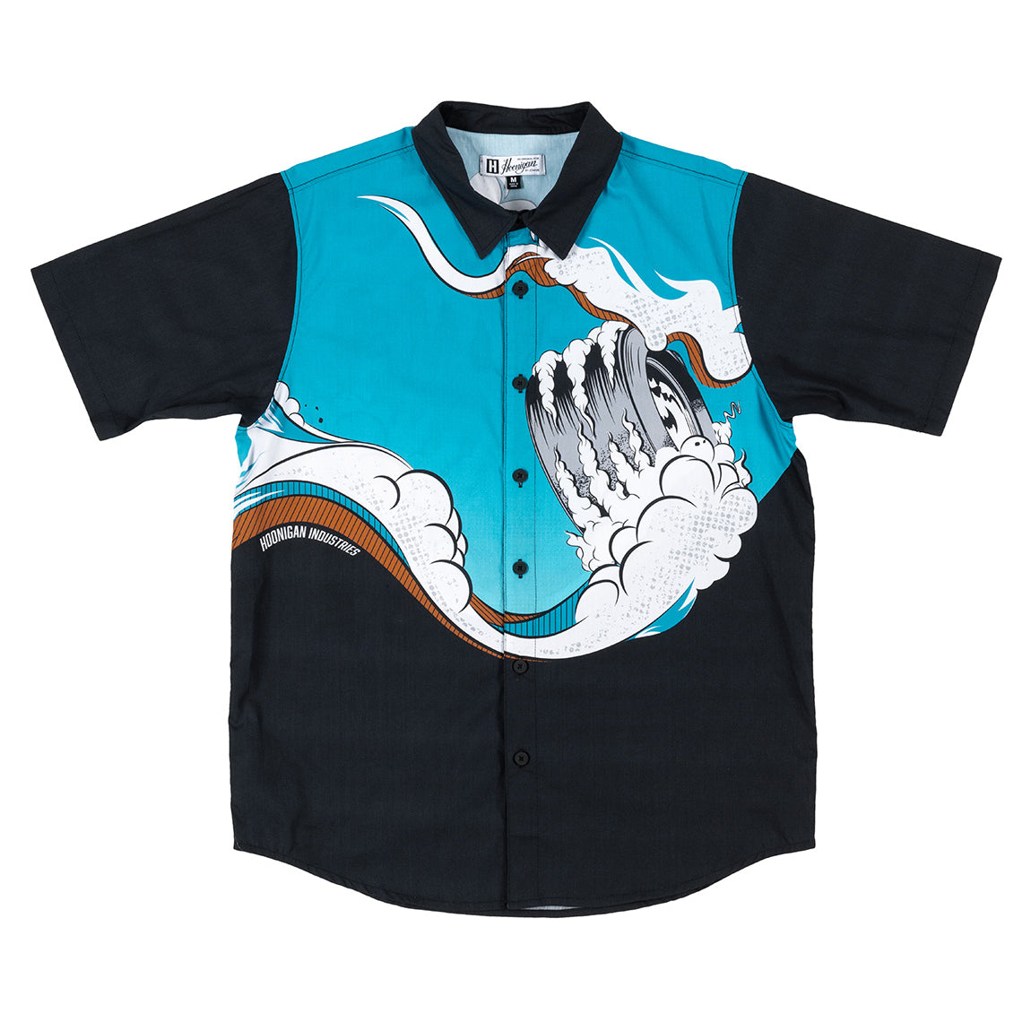 Hoonigan WAVE OF MUTILATION black short sleeve button-up shirt featuring a unique graphic design, suitable for casual wear.