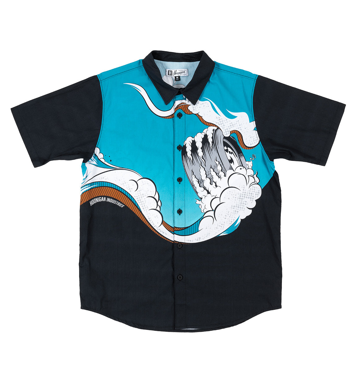 Hoonigan WAVE OF MUTILATION black short sleeve button-up shirt featuring a unique graphic design, suitable for casual wear.
