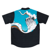 Hoonigan WAVE OF MUTILATION black short sleeve button-up shirt featuring a wave and graphic design.