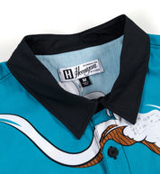 Hoonigan WAVE OF MUTILATION black short sleeve button-up shirt with a unique graphic design.