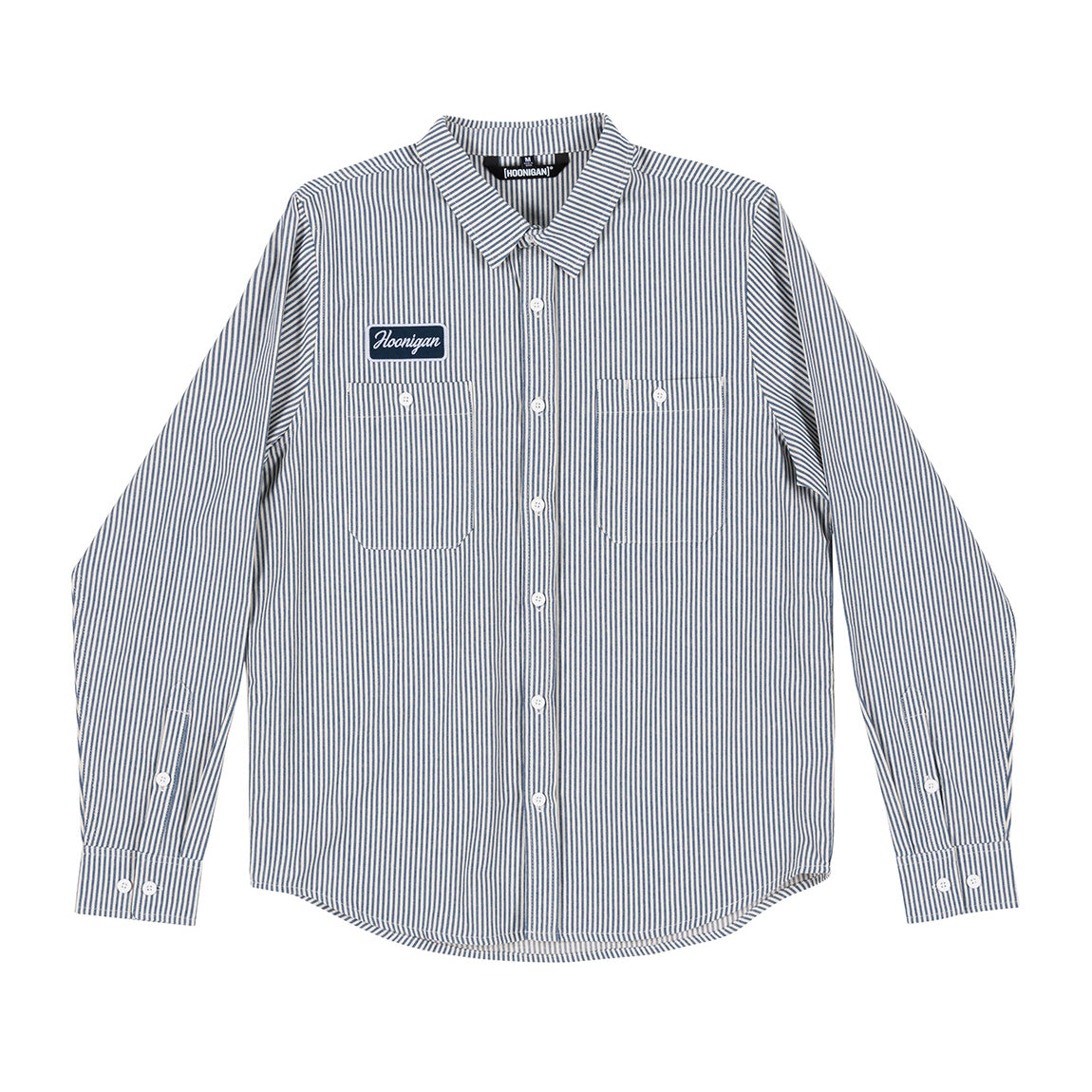 Hoonigan CRATE Woven Long Sleeve Shirt in white and navy with a checkerboard pattern.