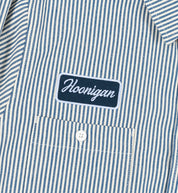 Hoonigan CRATE woven long sleeve shirt in white and navy, featuring a relaxed fit and button-down collar.