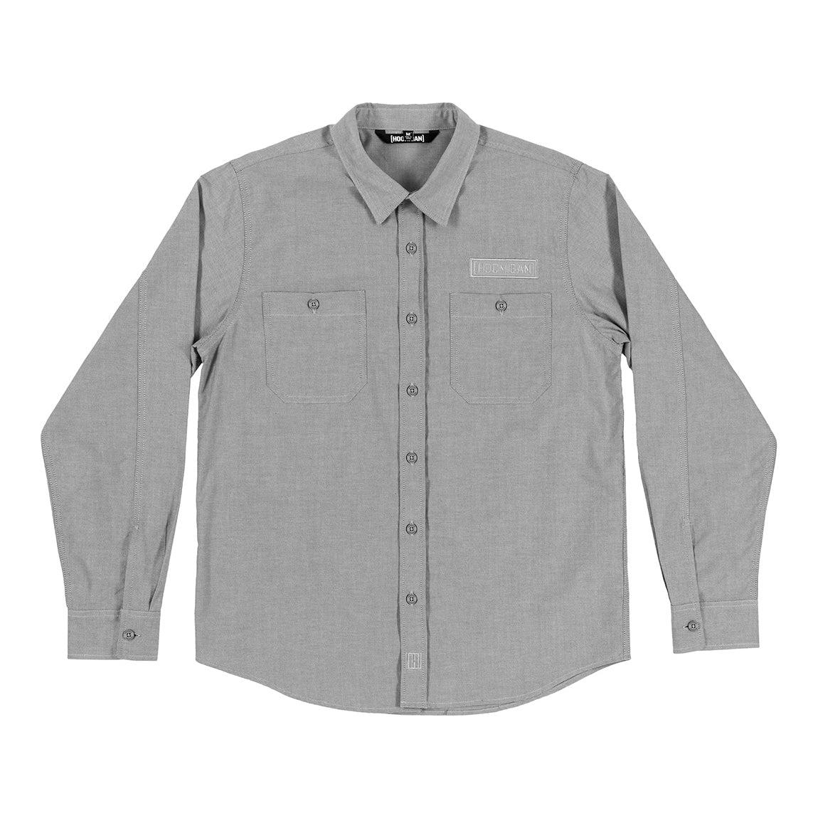 Hoonigan DONUT GARAGE Woven Long Sleeve Button-up Shirt in heather gray, featuring a brushed fabric texture and embroidered logo on the chest.