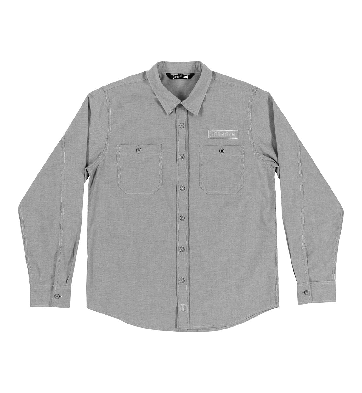 Hoonigan DONUT GARAGE Woven Long Sleeve Button-up Shirt in heather gray, featuring a brushed fabric texture and embroidered logo on the chest.