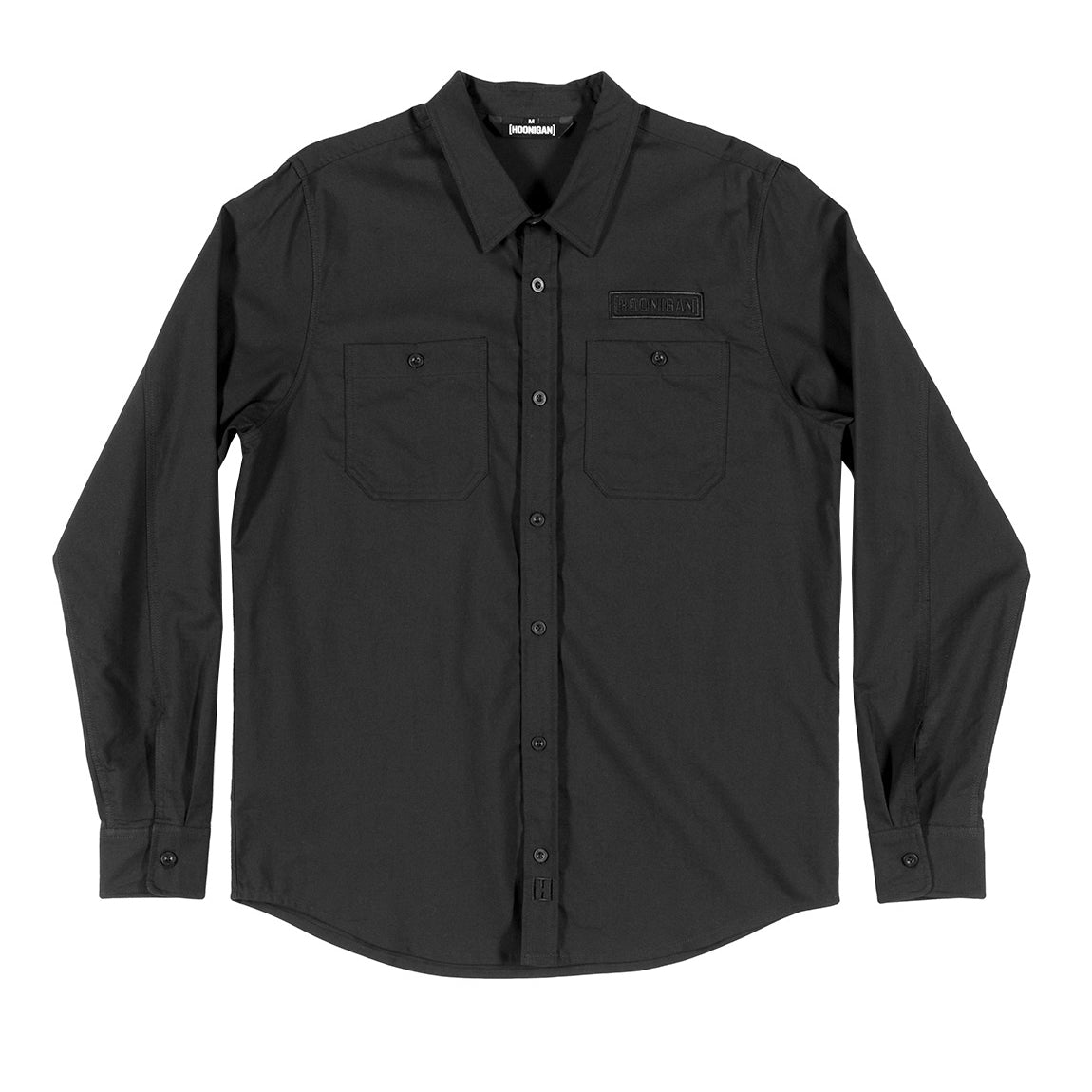 Hoonigan DONUT GARAGE Black Woven Long Sleeve Button-up Shirt displayed on a flat surface, featuring an embroidered logo and a classic collar.
