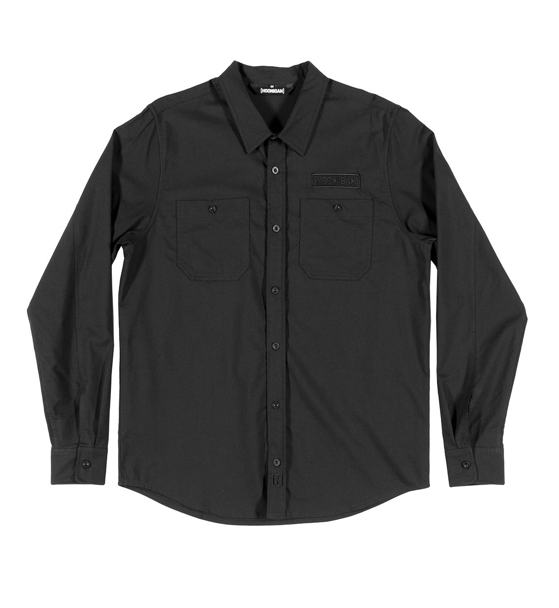 Hoonigan DONUT GARAGE Black Woven Long Sleeve Button-up Shirt displayed on a flat surface, featuring an embroidered logo and a classic collar.