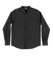 Hoonigan DONUT GARAGE Black Woven Long Sleeve Button-up Shirt displayed on a flat surface, featuring an embroidered logo and a classic collar.