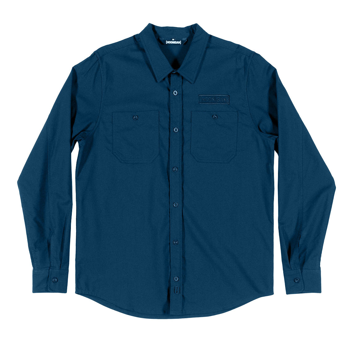Hoonigan DONUT GARAGE navy woven long sleeve button-up shirt displayed on a white background.