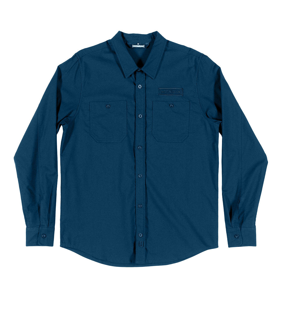 Hoonigan DONUT GARAGE navy woven long sleeve button-up shirt displayed on a white background.