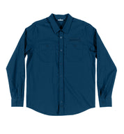 Hoonigan DONUT GARAGE navy woven long sleeve button-up shirt displayed on a white background.