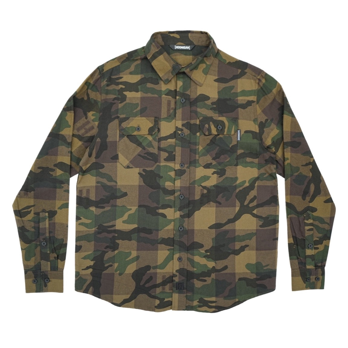 Hoonigan H Icon Camo Woven Flannel Long Sleeve Shirt in camouflage pattern.