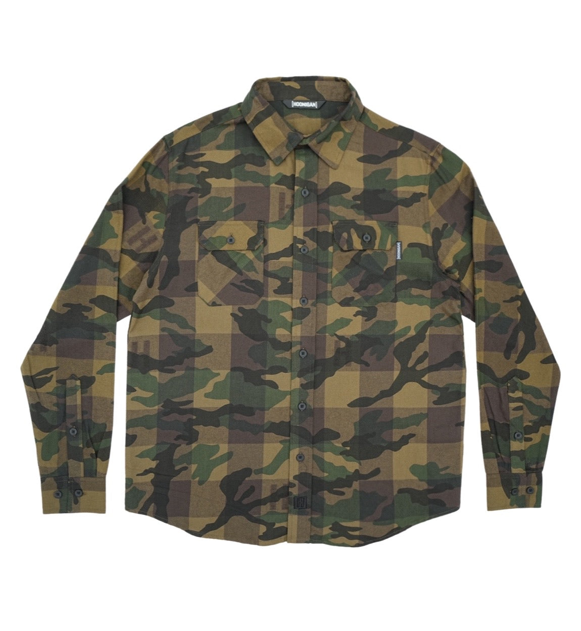 Hoonigan H Icon Camo Woven Flannel Long Sleeve Shirt in camouflage pattern.