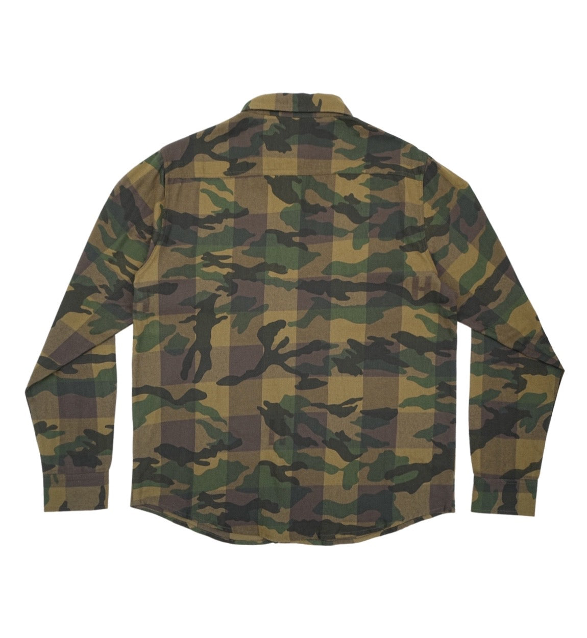 Hoonigan H Icon Camo Woven Flannel Long Sleeve Shirt featuring a camouflage pattern, front button closure, and chest pocket.