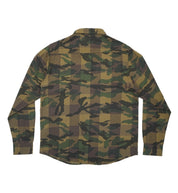 Hoonigan H Icon Camo Woven Flannel Long Sleeve Shirt featuring a camouflage pattern, front button closure, and chest pocket.