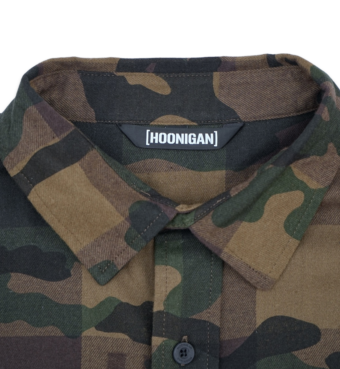 Hoonigan H Icon Camo Woven Flannel Long Sleeve Shirt in camouflage pattern, featuring button-up front and stylish design.