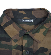 Hoonigan H Icon Camo Woven Flannel Long Sleeve Shirt in camouflage pattern, featuring button-up front and stylish design.